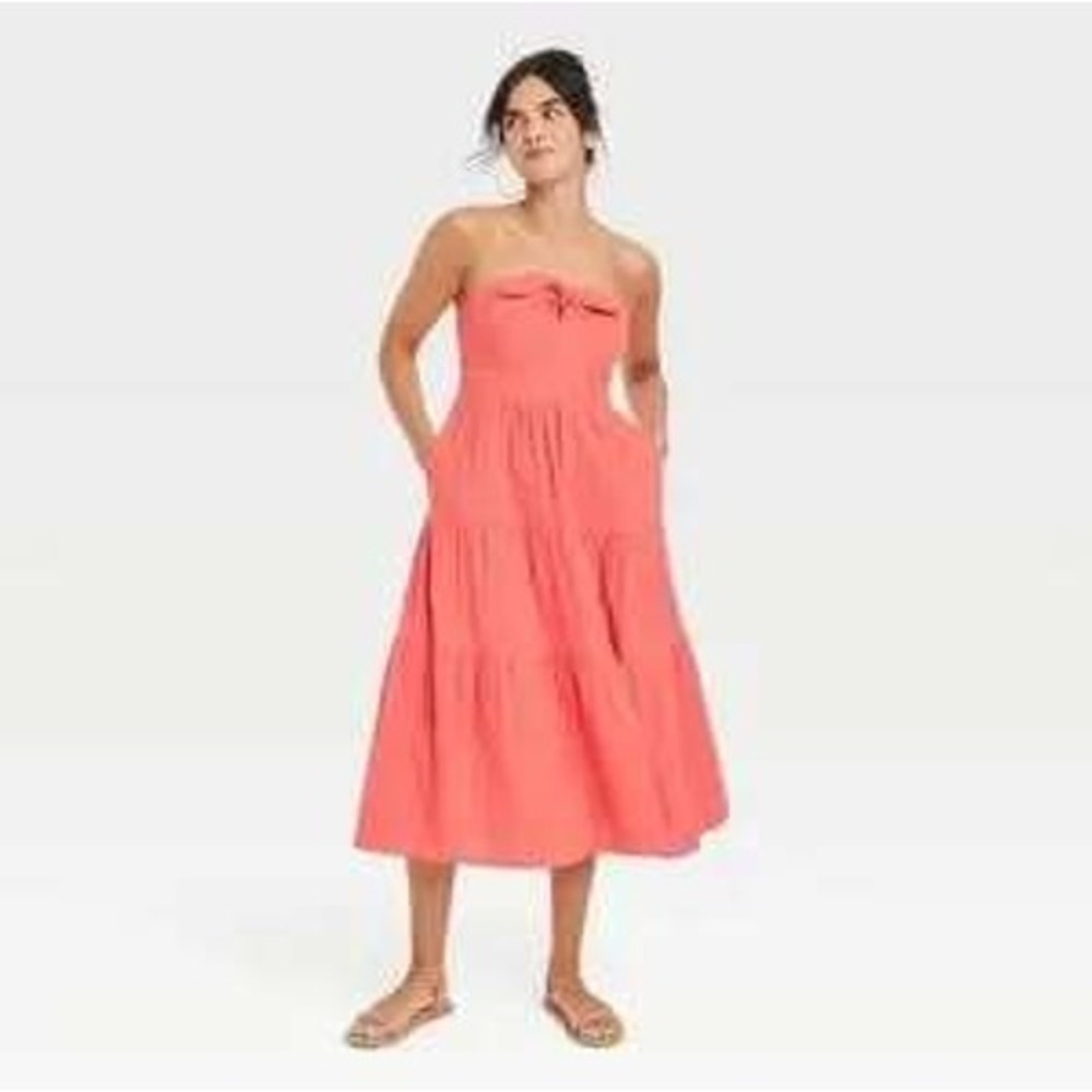 Universal Thread Strapless Midi‎ Dress Womens Small Coral Pink NWT Tiered Boho